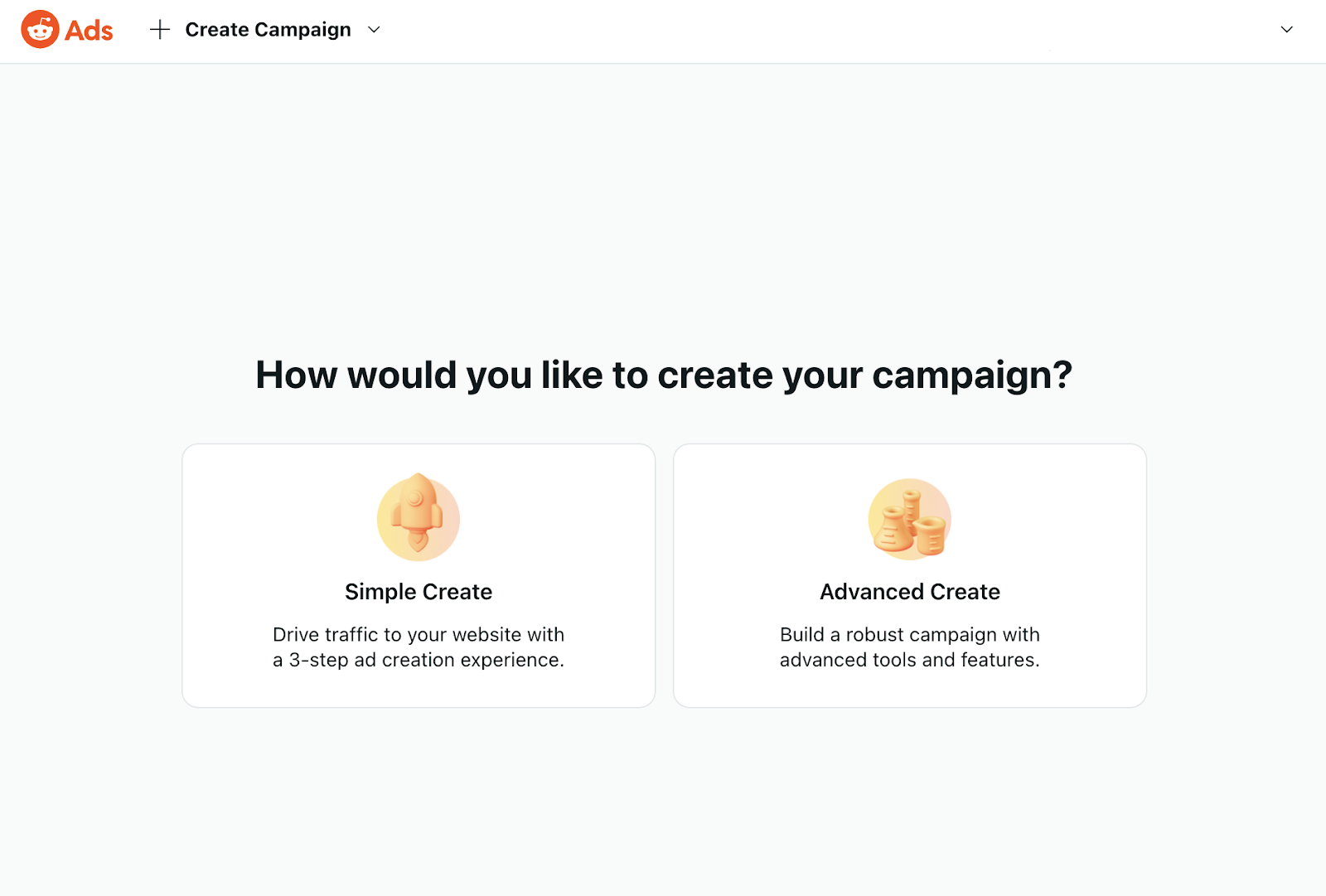 "How would you like to create your campaign" window in Reddit Ads