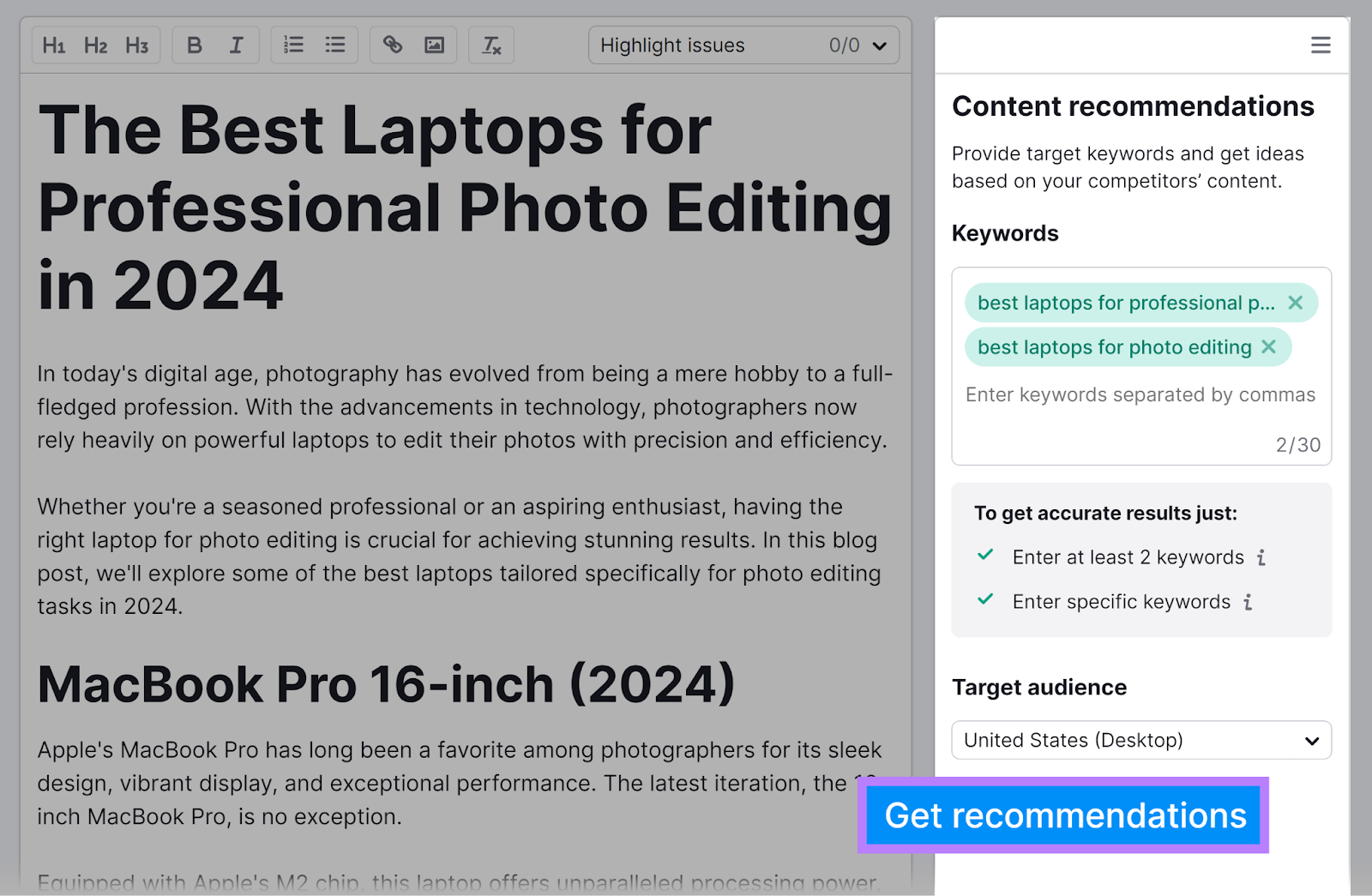 Content Recommendations sidebar and Get recommendations button highlighted.