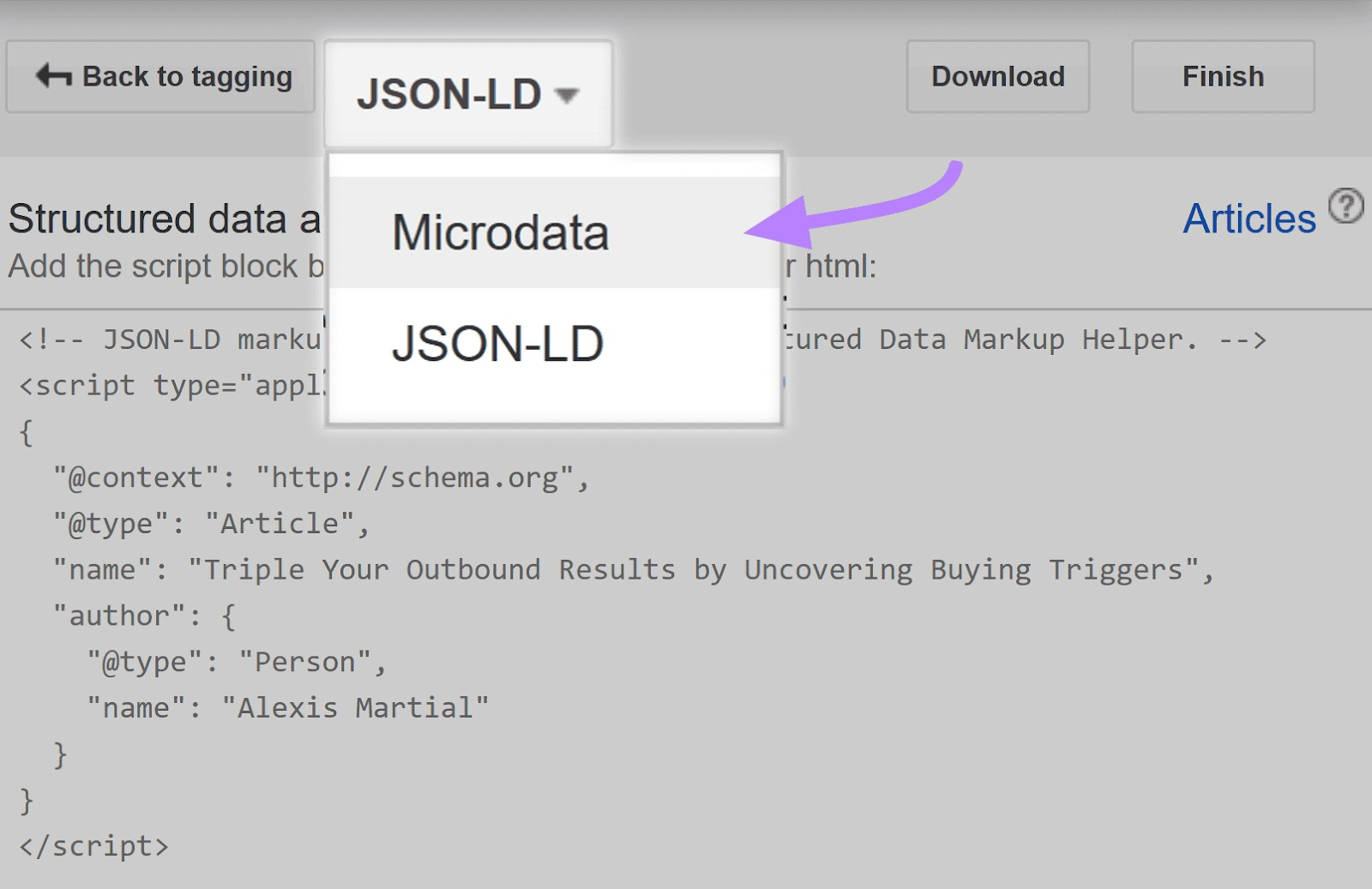 Choose between "JSON-LD," and "Microdata" format