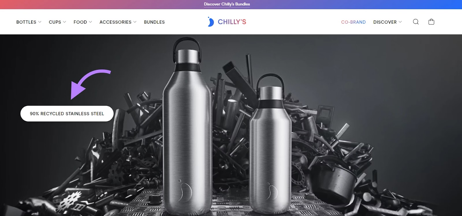 Chilly's homepage top header image showing two reusable bottles with a label saying "90% recycled stainless steel".