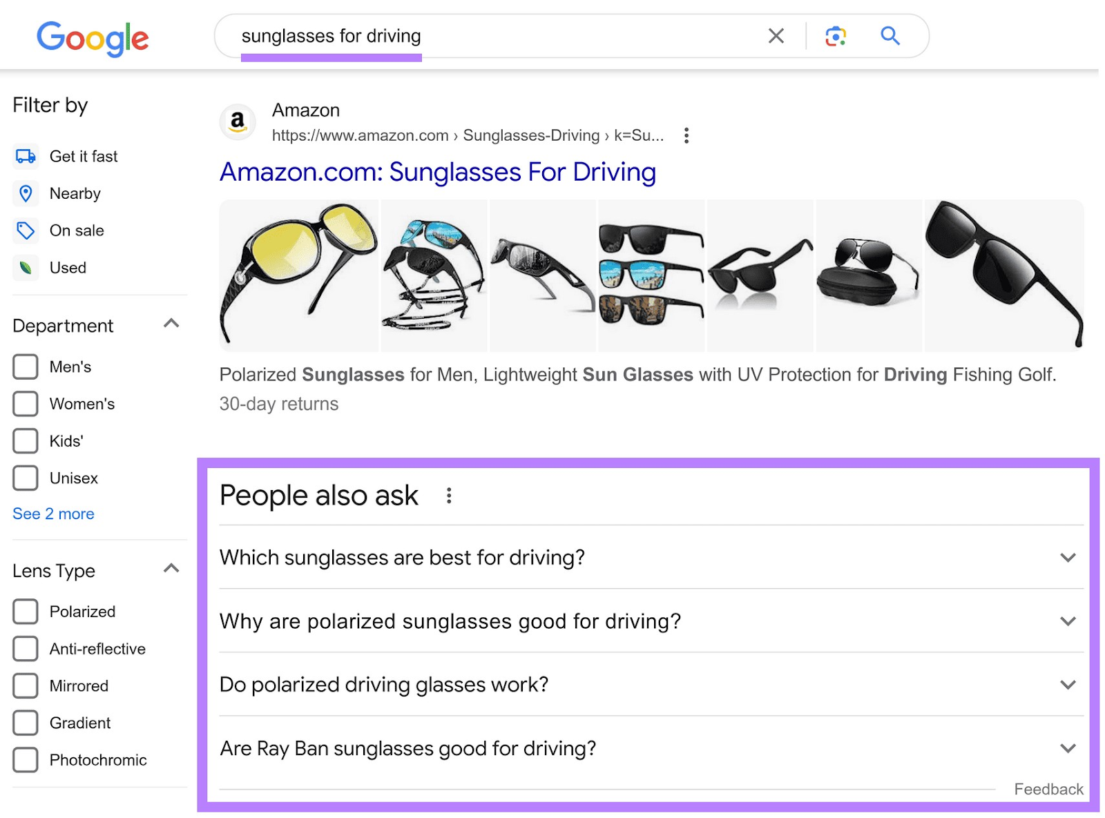 People Also Ask box highlighted on Google SERP for "sunglasses for driving" query