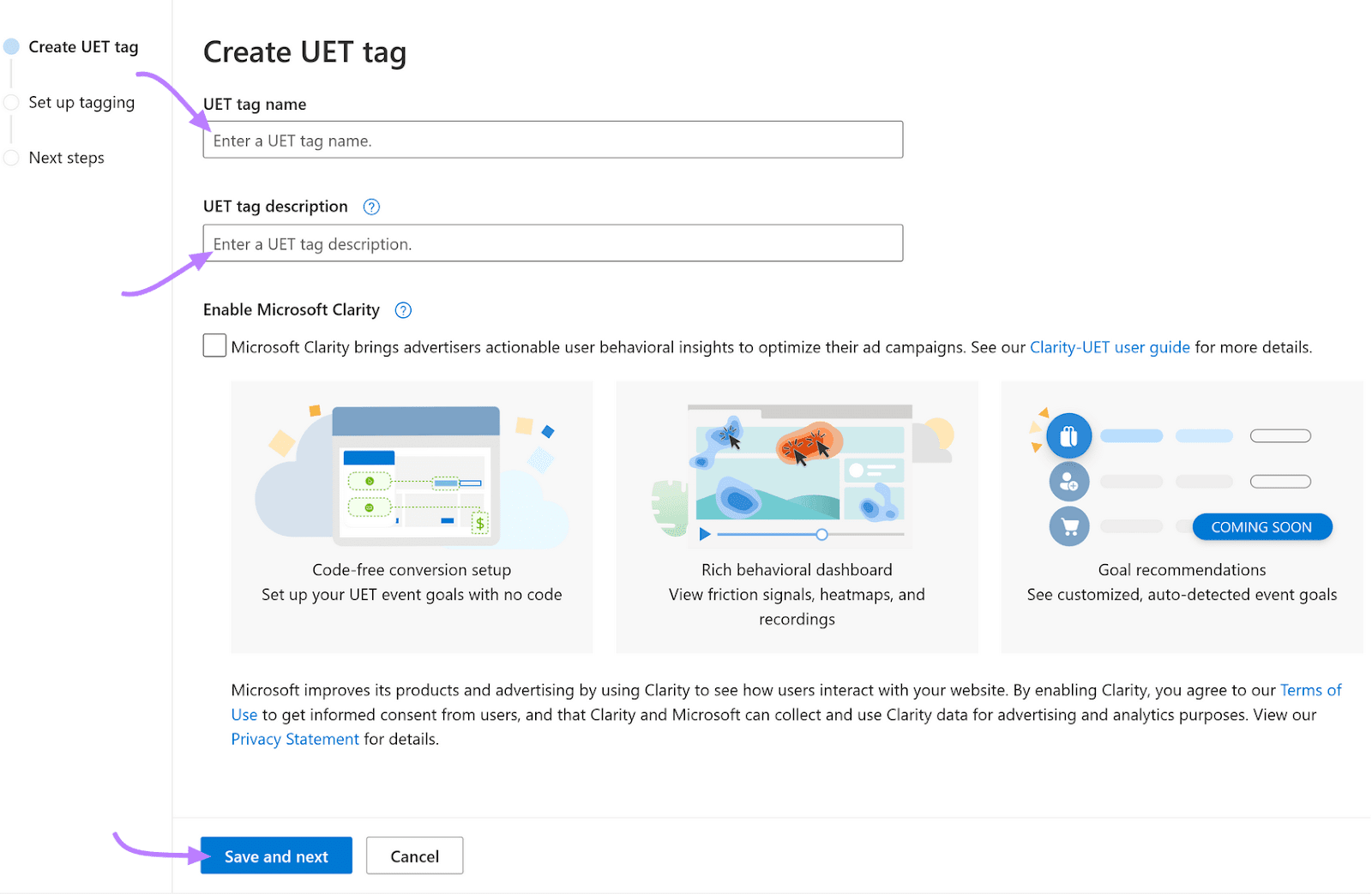 "Create UET tag" page in Microsoft Ads