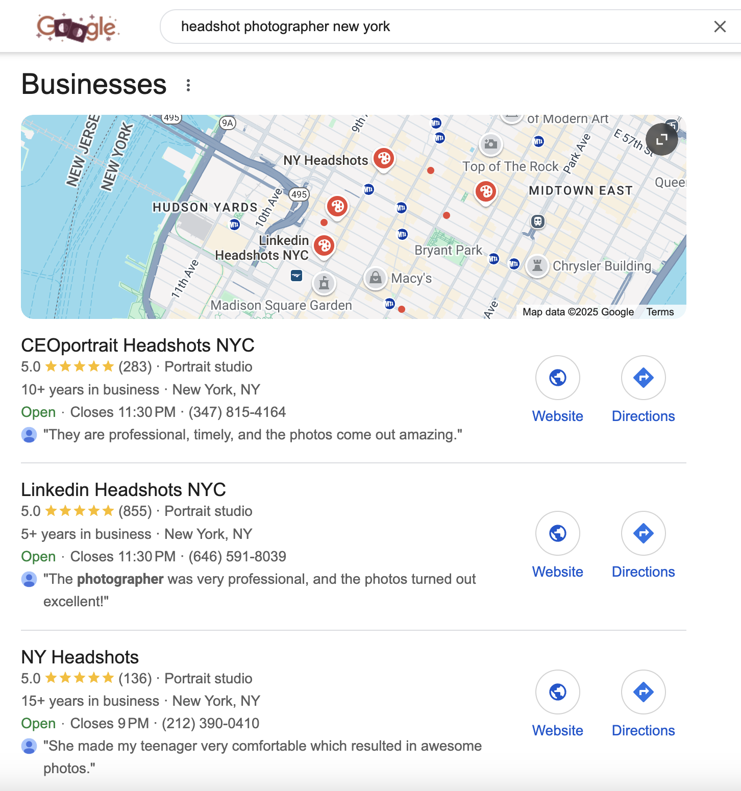 Local map pack shows business locations in Maps and their Google Business Profile.