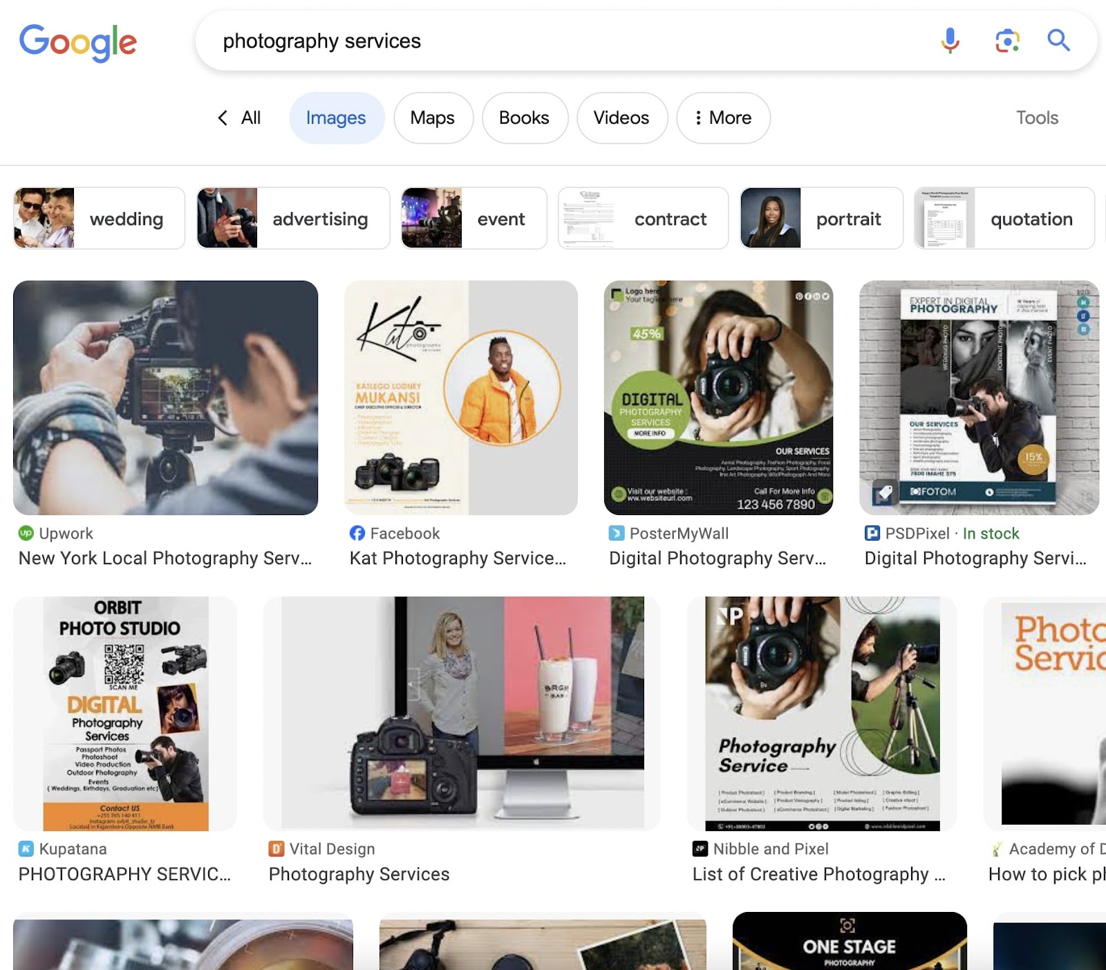Google "Images" results for “photography services" query