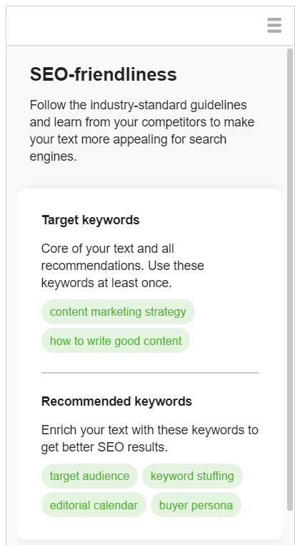 target keyword recommendations SEO writing assistant