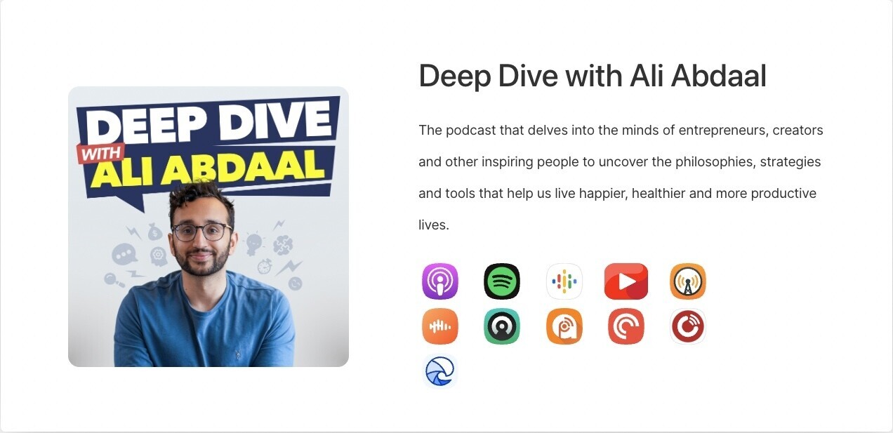 “Deep Dive with Ali Abdaal” podcast page 