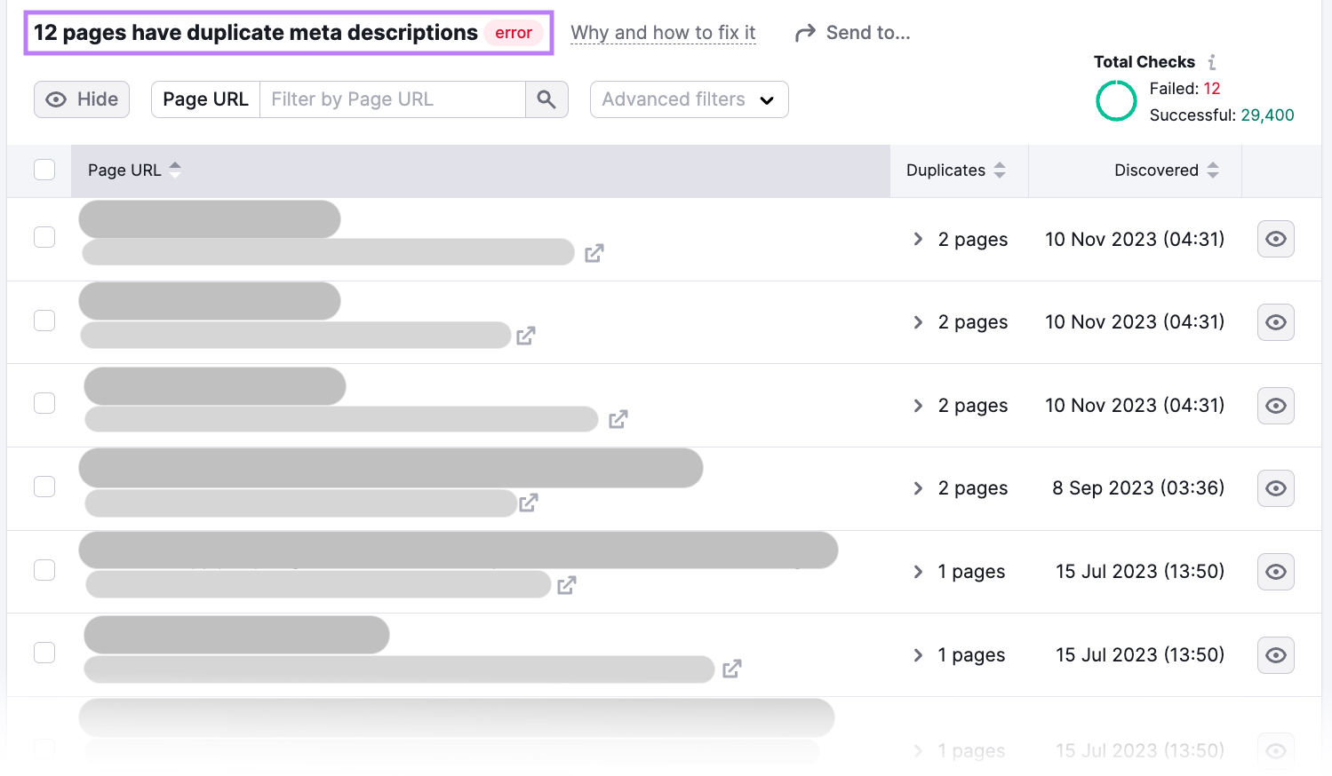 A list of pages with duplicate meta descriptions in Site Audit tool