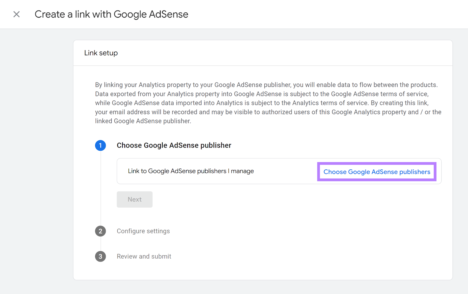 Link setup measurement   1  with Choose Google AdSense publishers nexus  highlighted