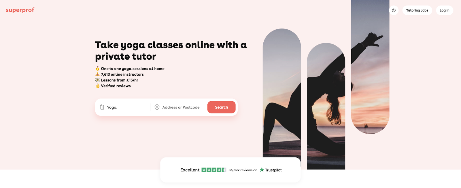 Página de aterrizaje "superprof" con el título "Toma clases de yoga online con un profesor particular".