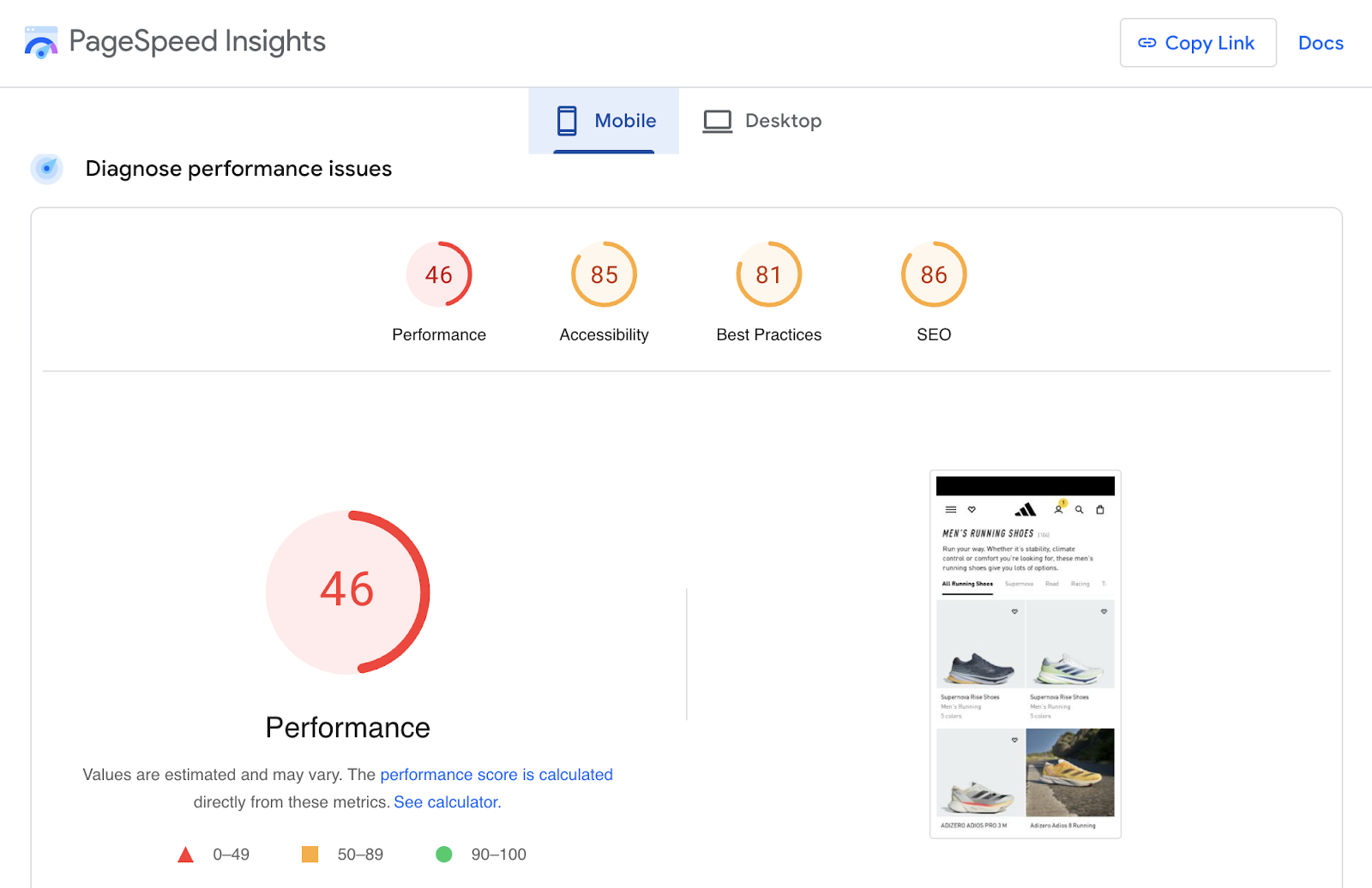 Mobile site’s performance score in PageSpeed Insights tool