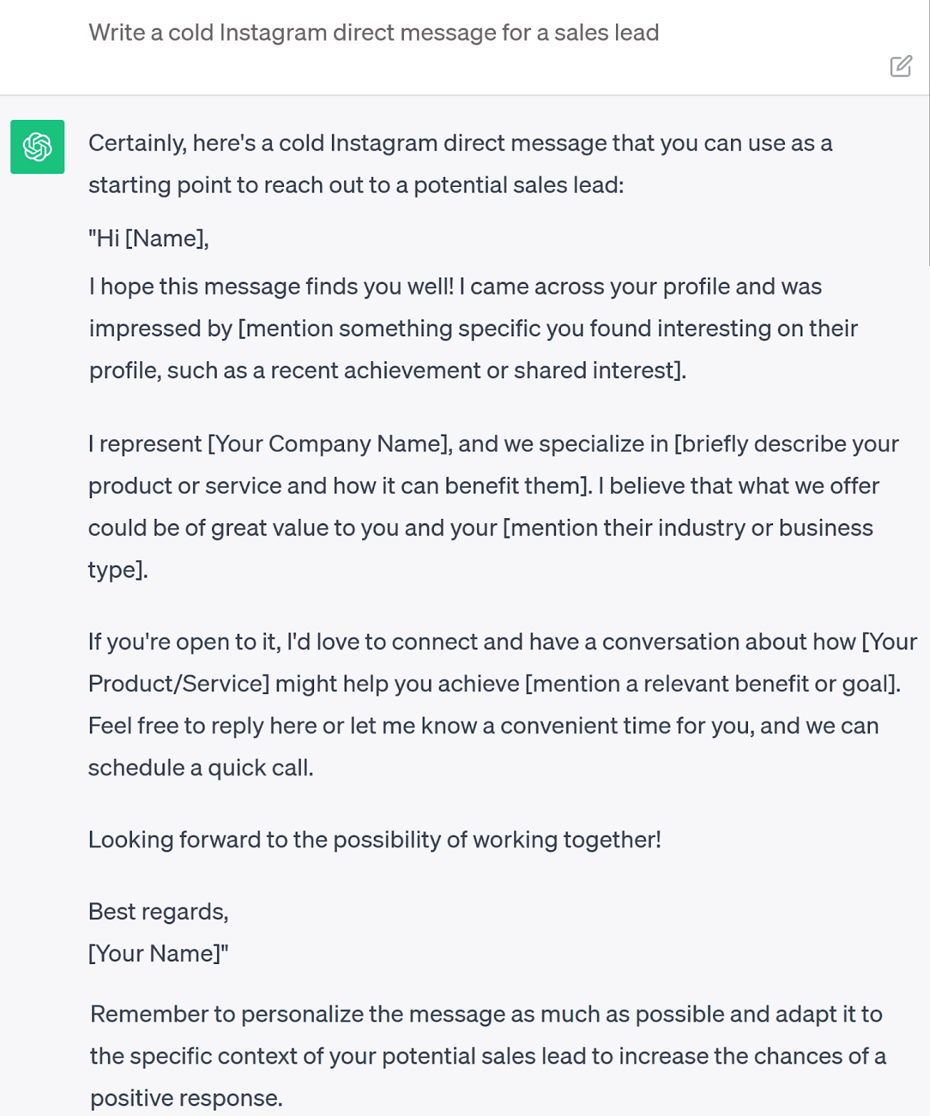 ChatGPT's response to “Write a cold Instagram direct message for a sales lead” query
