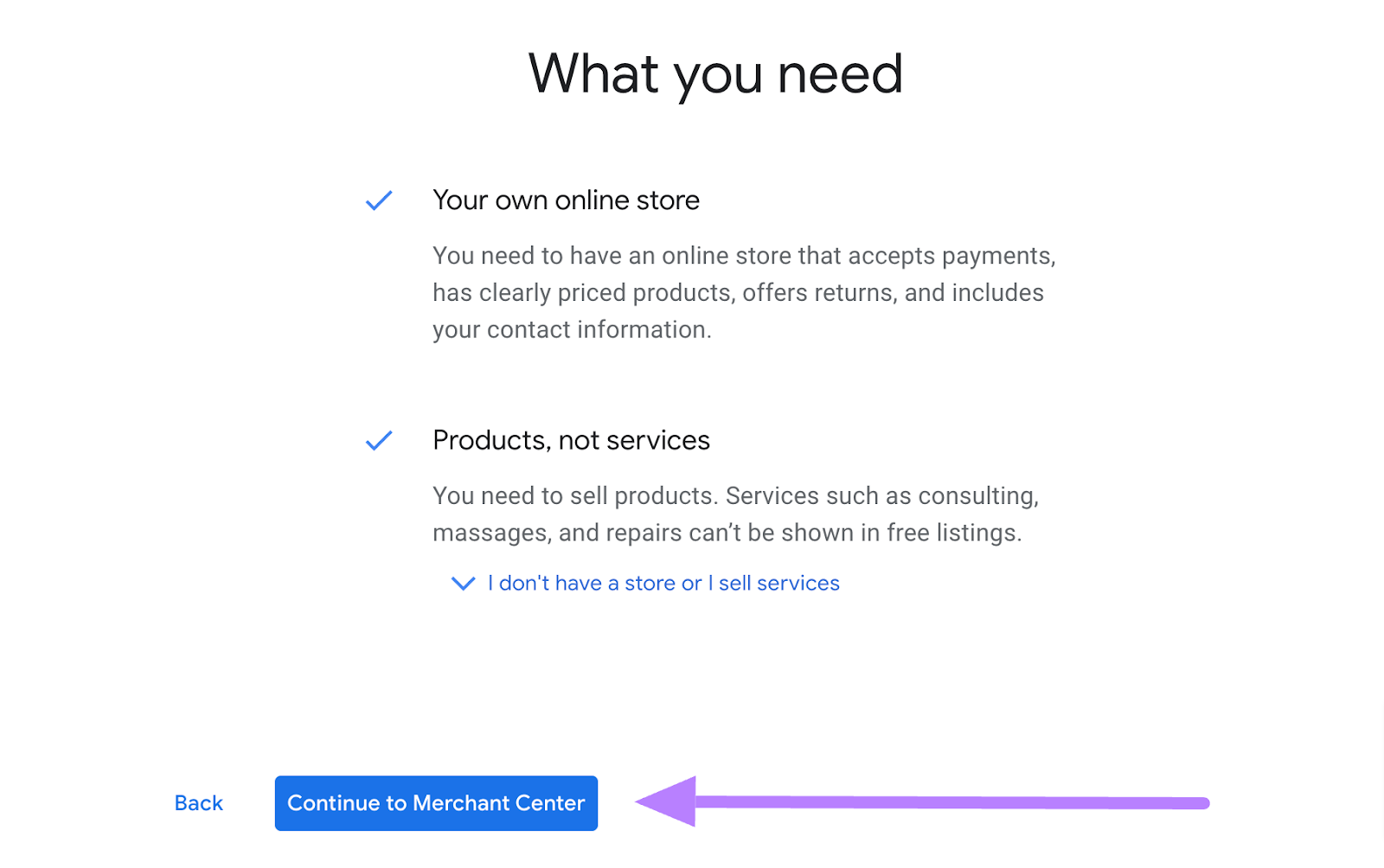 "What you need" window with "Continue to Merchant Center" button highlighted