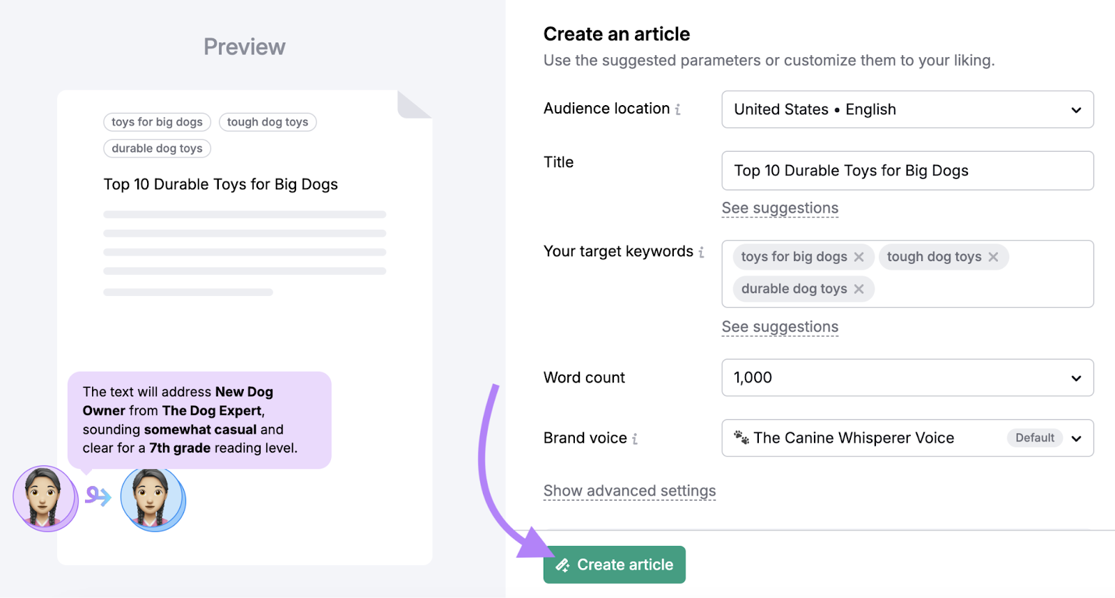 Article settings include title, target keywords, word count, and brand voice.