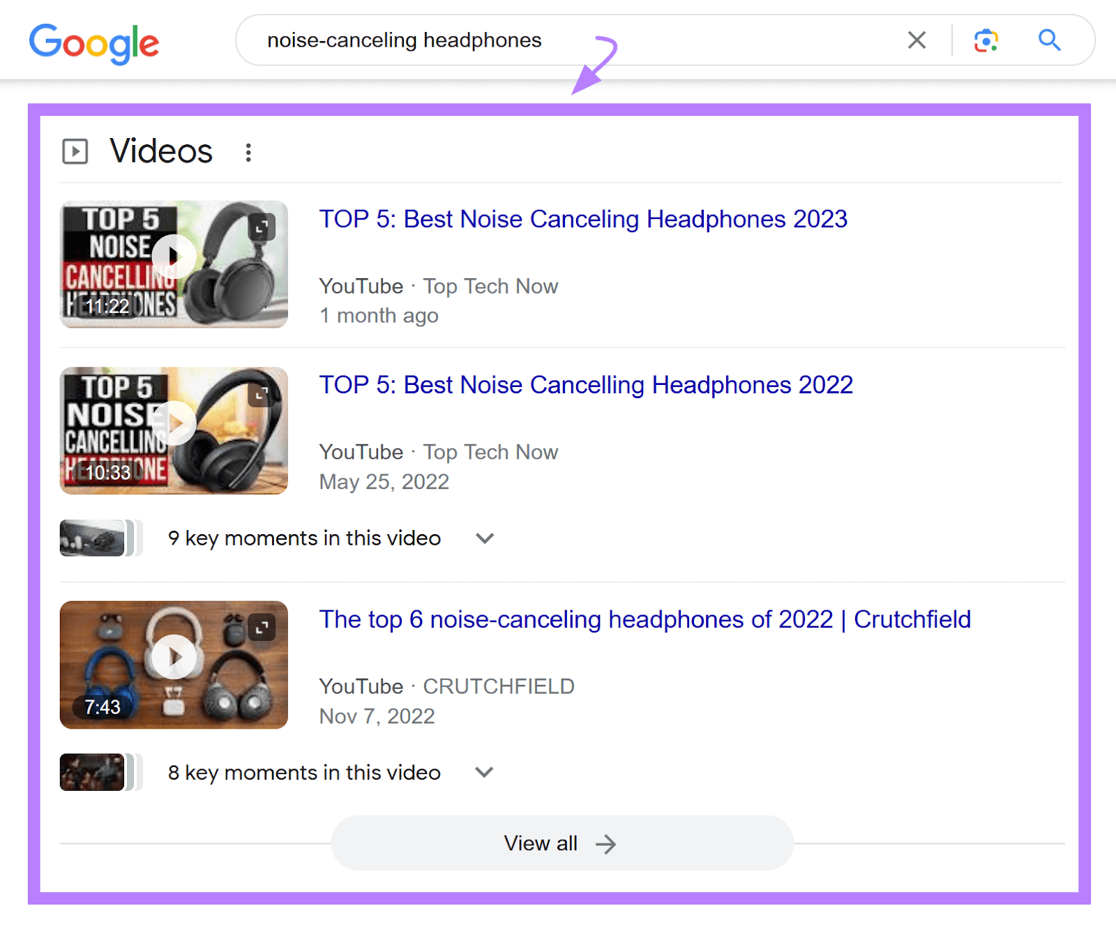 Video carousel illustration  connected  Google SERP for the keyword "noise-canceling headphones."