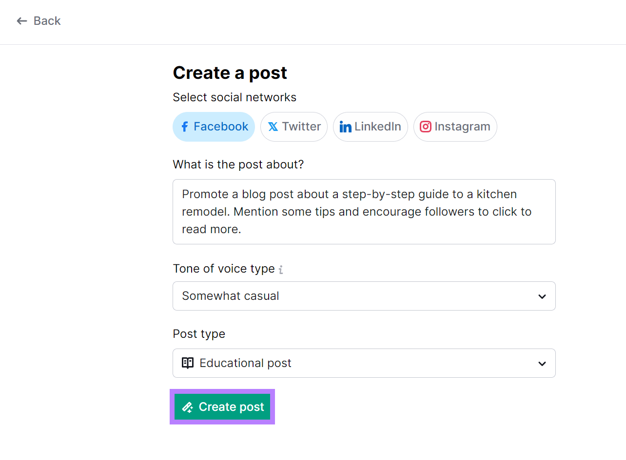Create post form filled with details and Create post button highlighted.