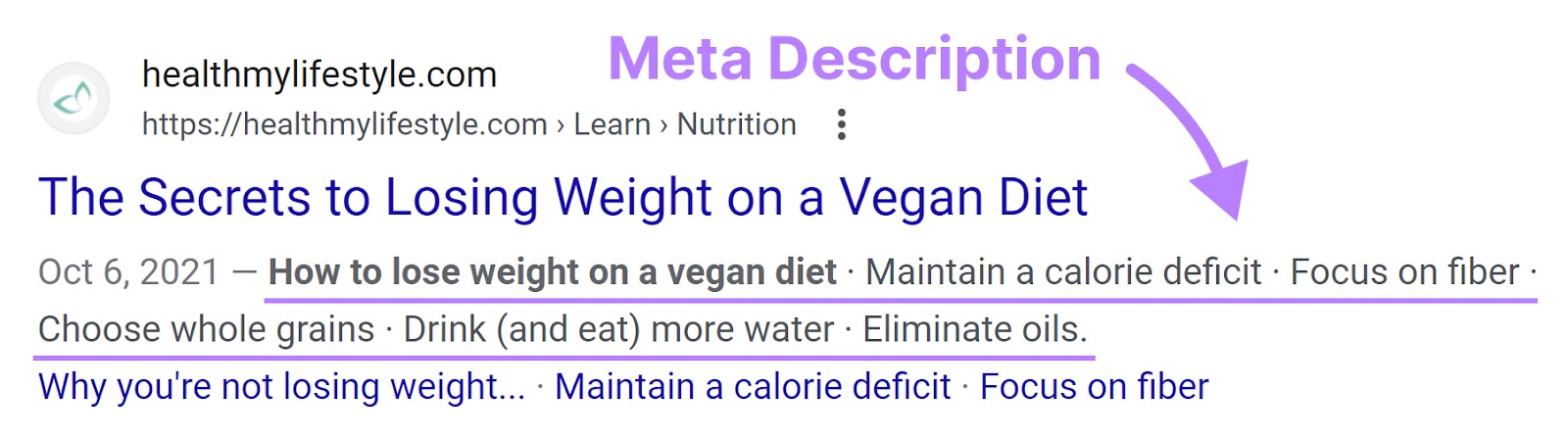 Meta statement  nether  "The Secrets to Losing Weight connected  a Vegan Diet" rubric  tag connected  Google SERP