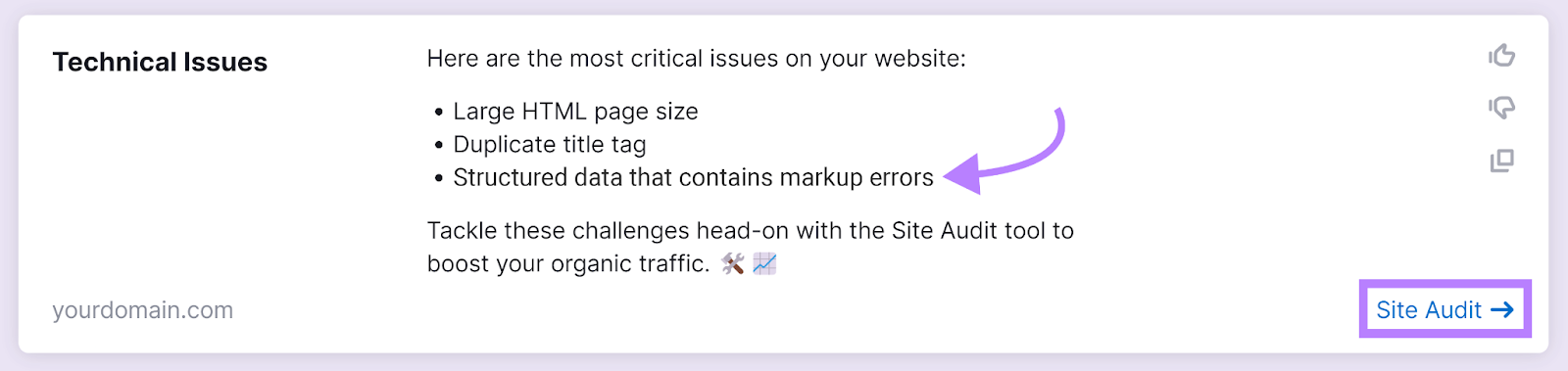 Semrush Copilot Technical Issues proposal   with arrow pointing to structured information  error