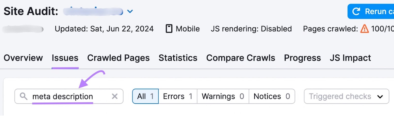 semrush tract  audit issues tab with meta statement  entered into hunt  bar