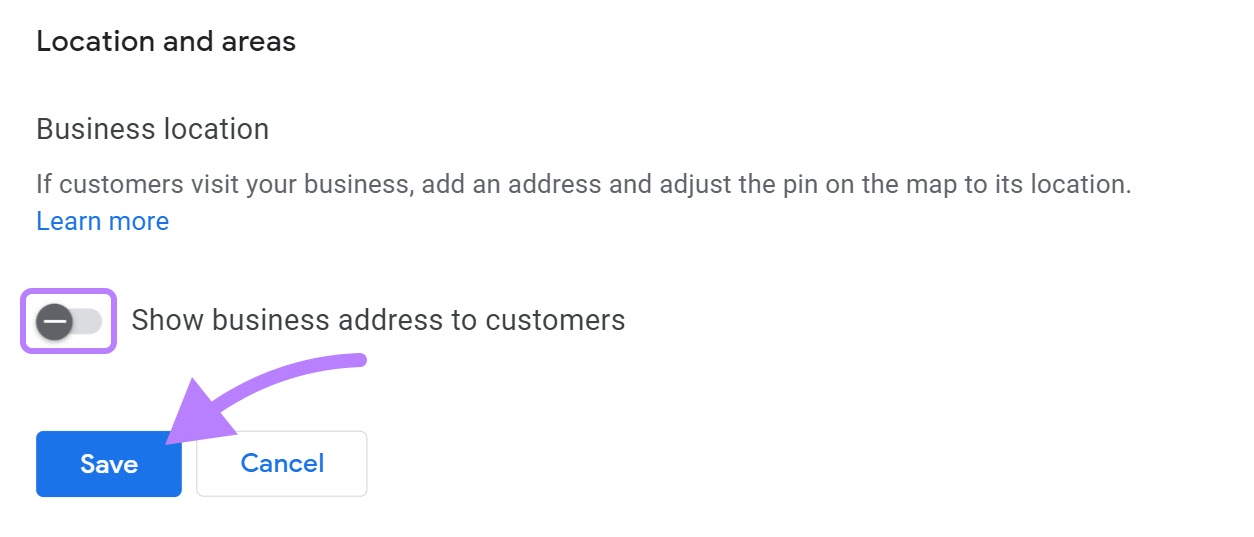Disabling the “Show business address to customers” option