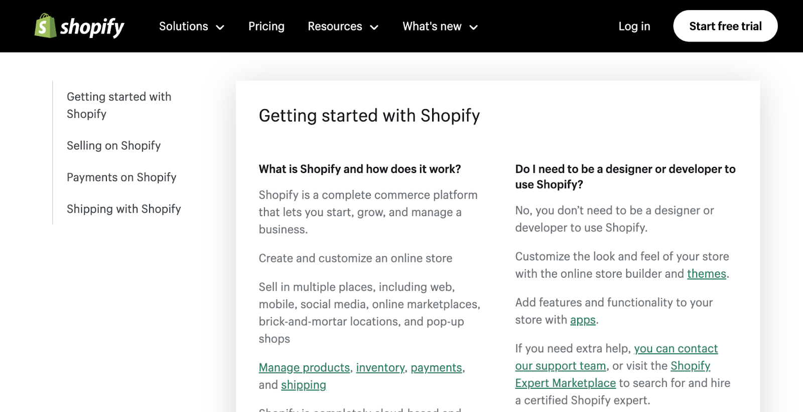 Shopify faq page has sections for getting started, selling, payments, and shipping