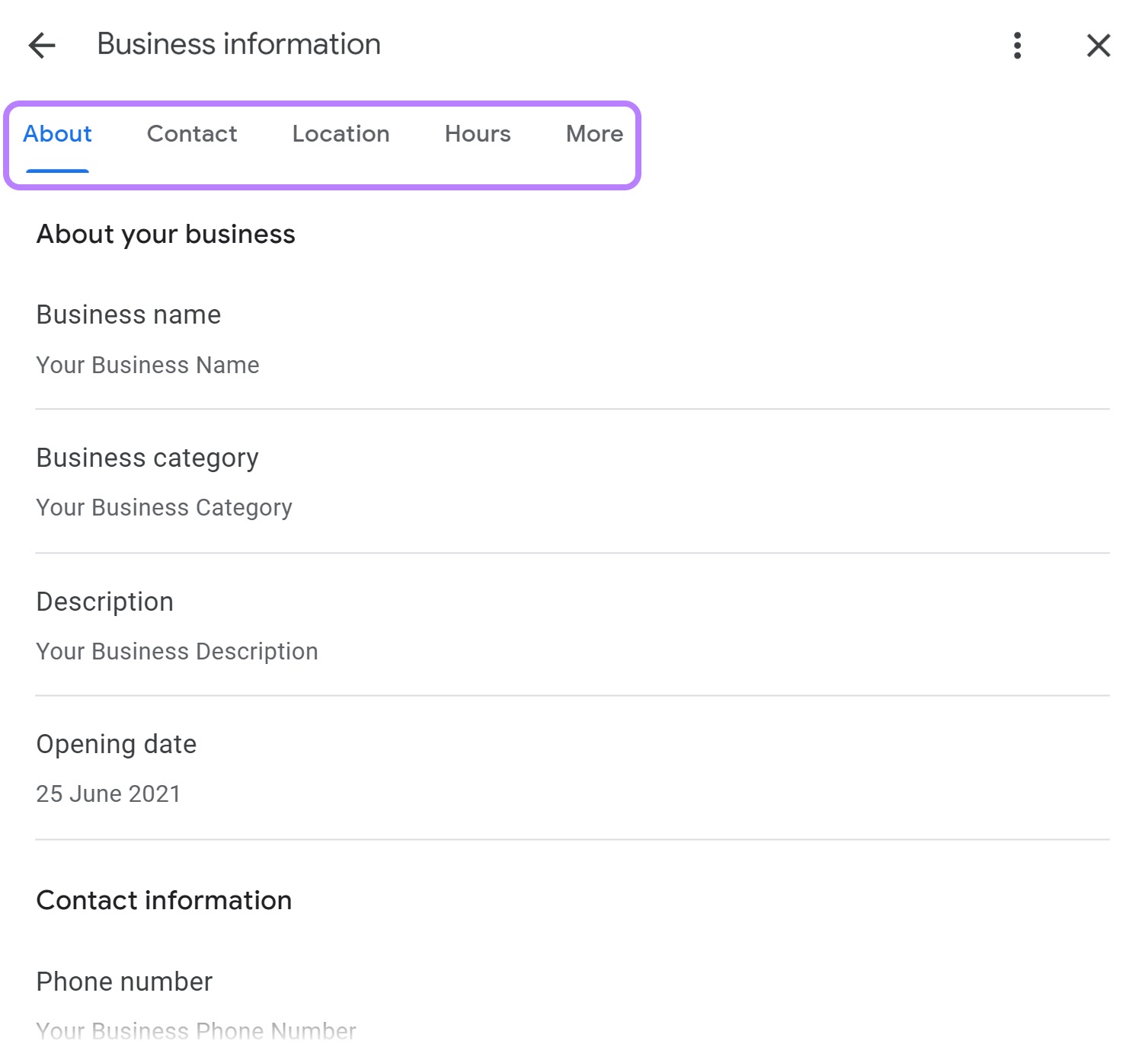 "Business information" page on GBP dashboard