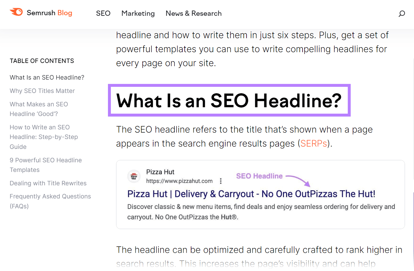 Semrush blog post with 'What Is an SEO Headline?' H2 highlighted.