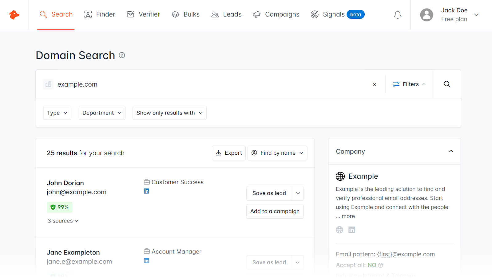 Hunter's domain search dashboard