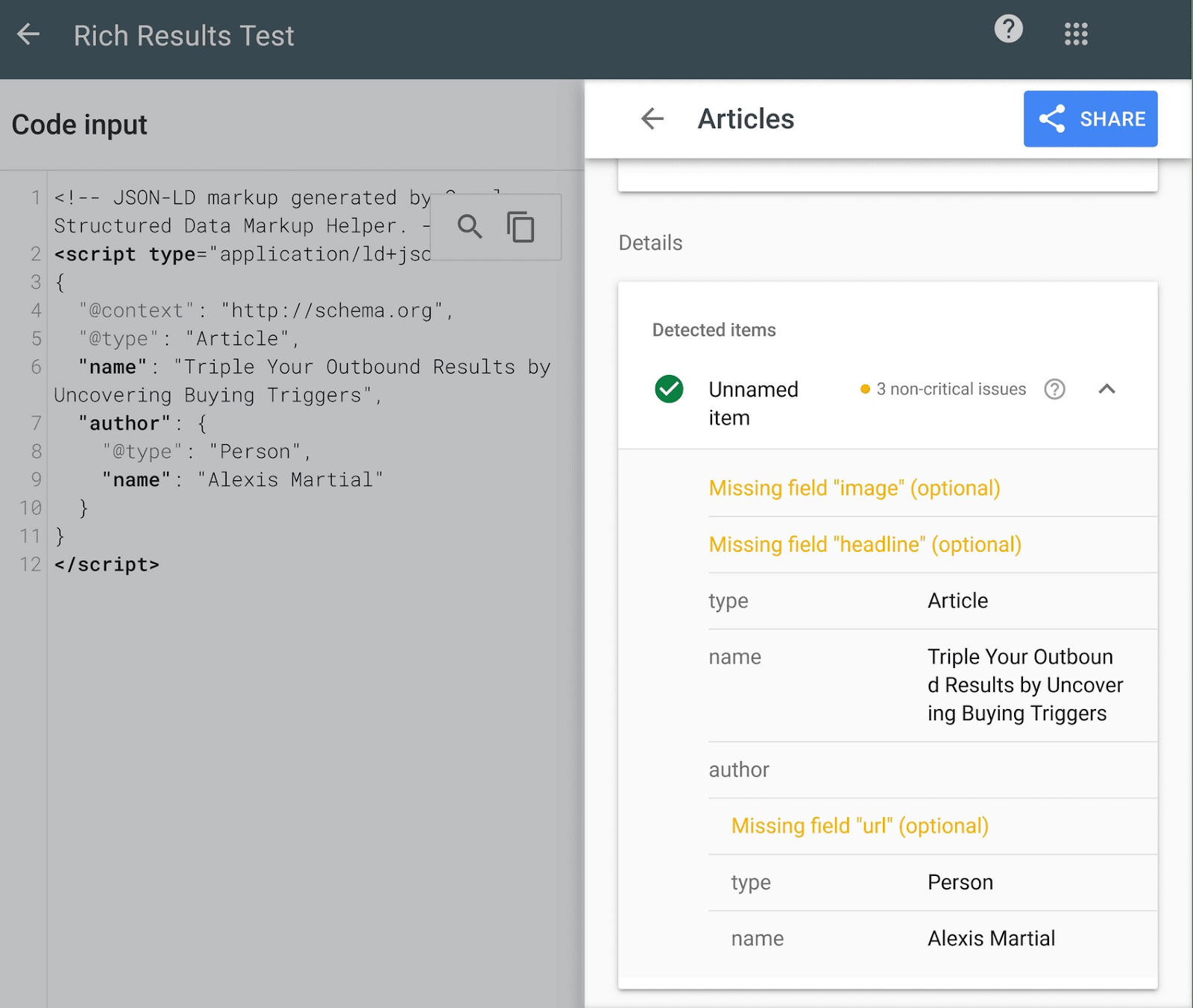 Rich Results Test analyzes your schema markup and provides recommendations in the right-hand side column