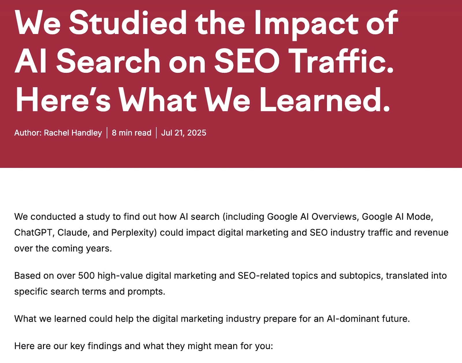A blog post with original research and data about the impact of AI search on SEO traffic by Semrush.