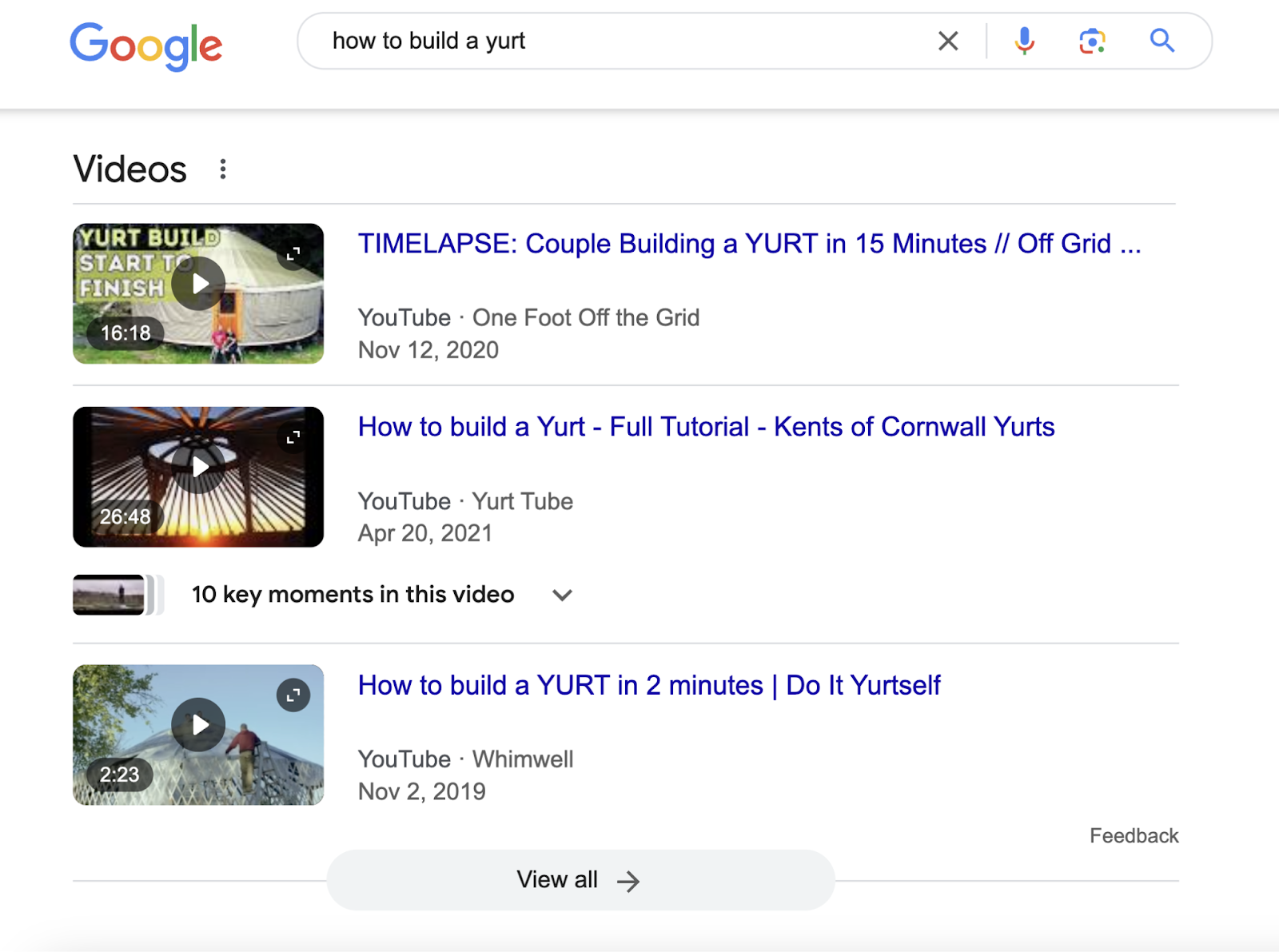 Videos listed on the SERP