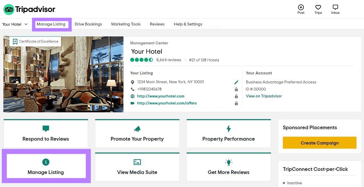 Management Centre on Tripadvisor with the "Manage Listing" tab and button highlighted.