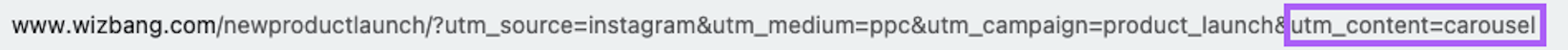 Un ejemplo de URL de seguimiento de campaña para utilizar en anuncios con "utm_content=carousel" añadido