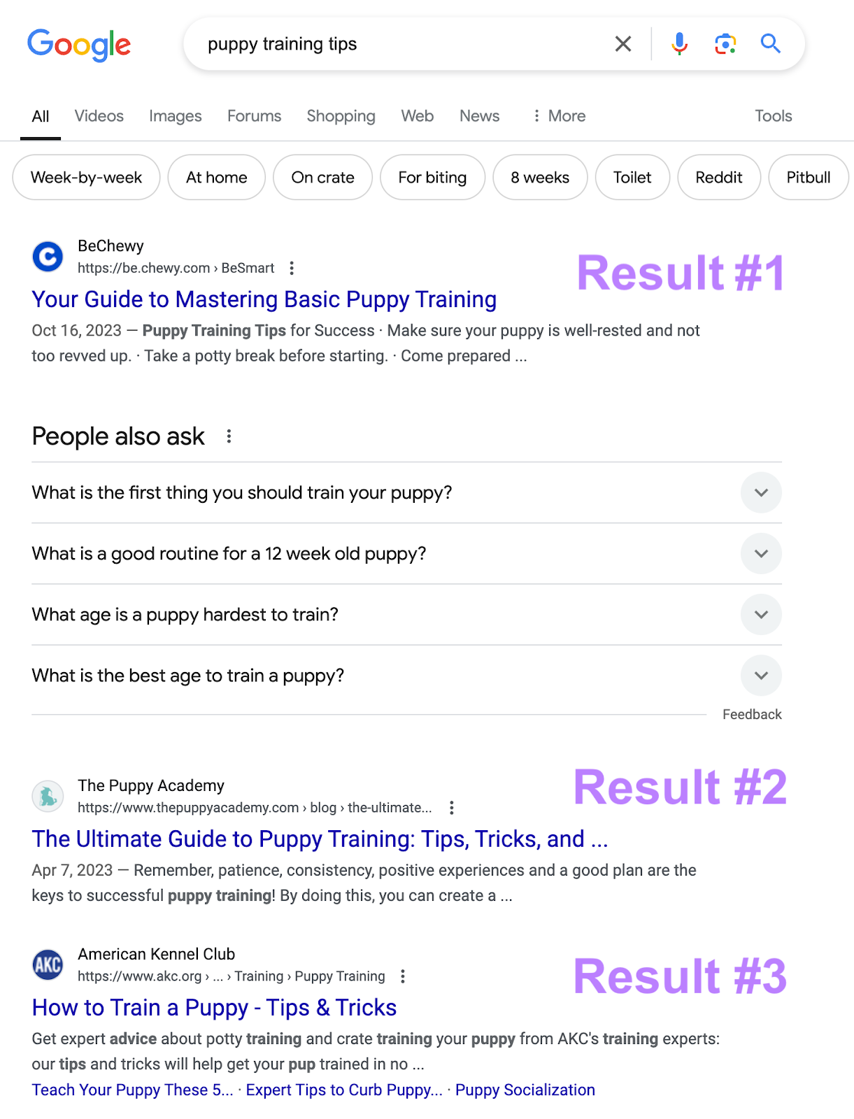 organic results are numbered 1, 2, 3 with a people also ask serp feature between results 1 and 2