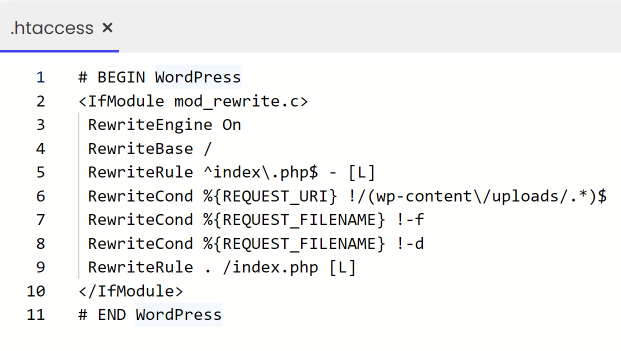 .htaccess file of a WordPress website showing various lines of code including rewrite rules and conditions.