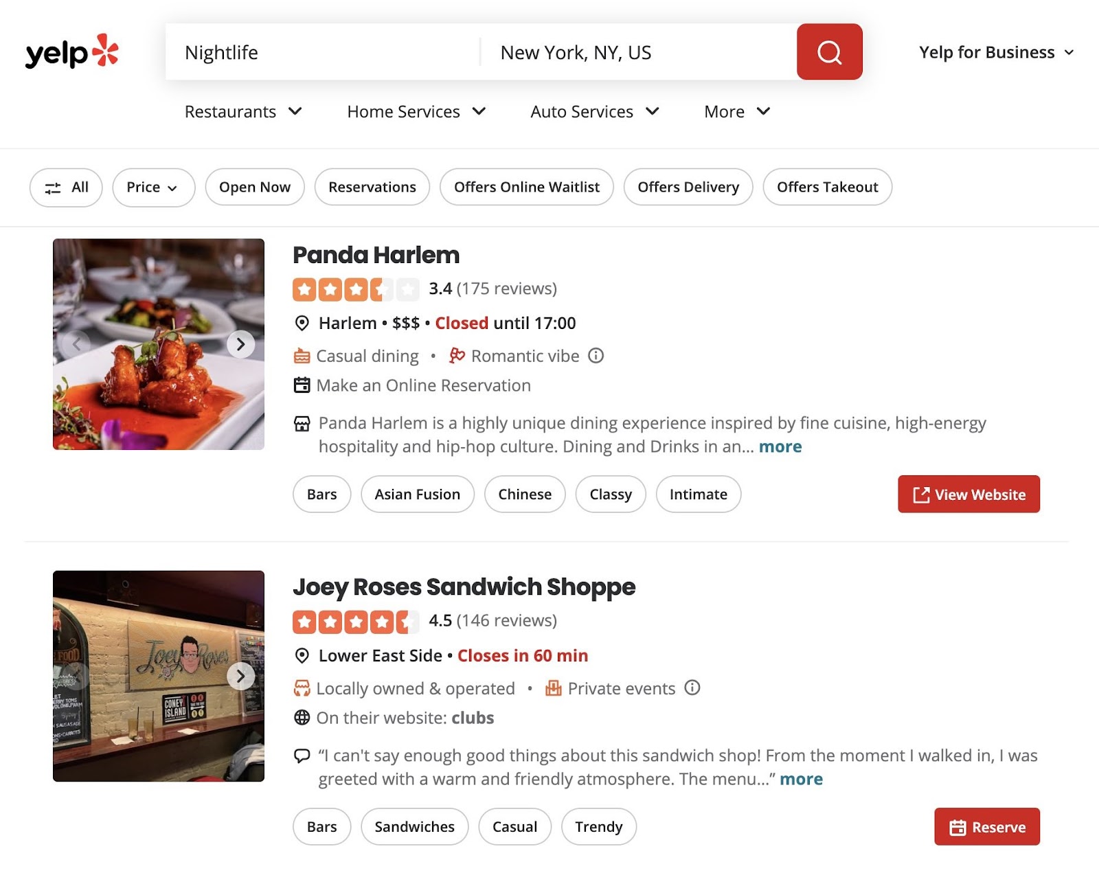 A programmatically generated page on Yelp for "Nightlife in New York" showing business listings with their address, hours, and ratings.