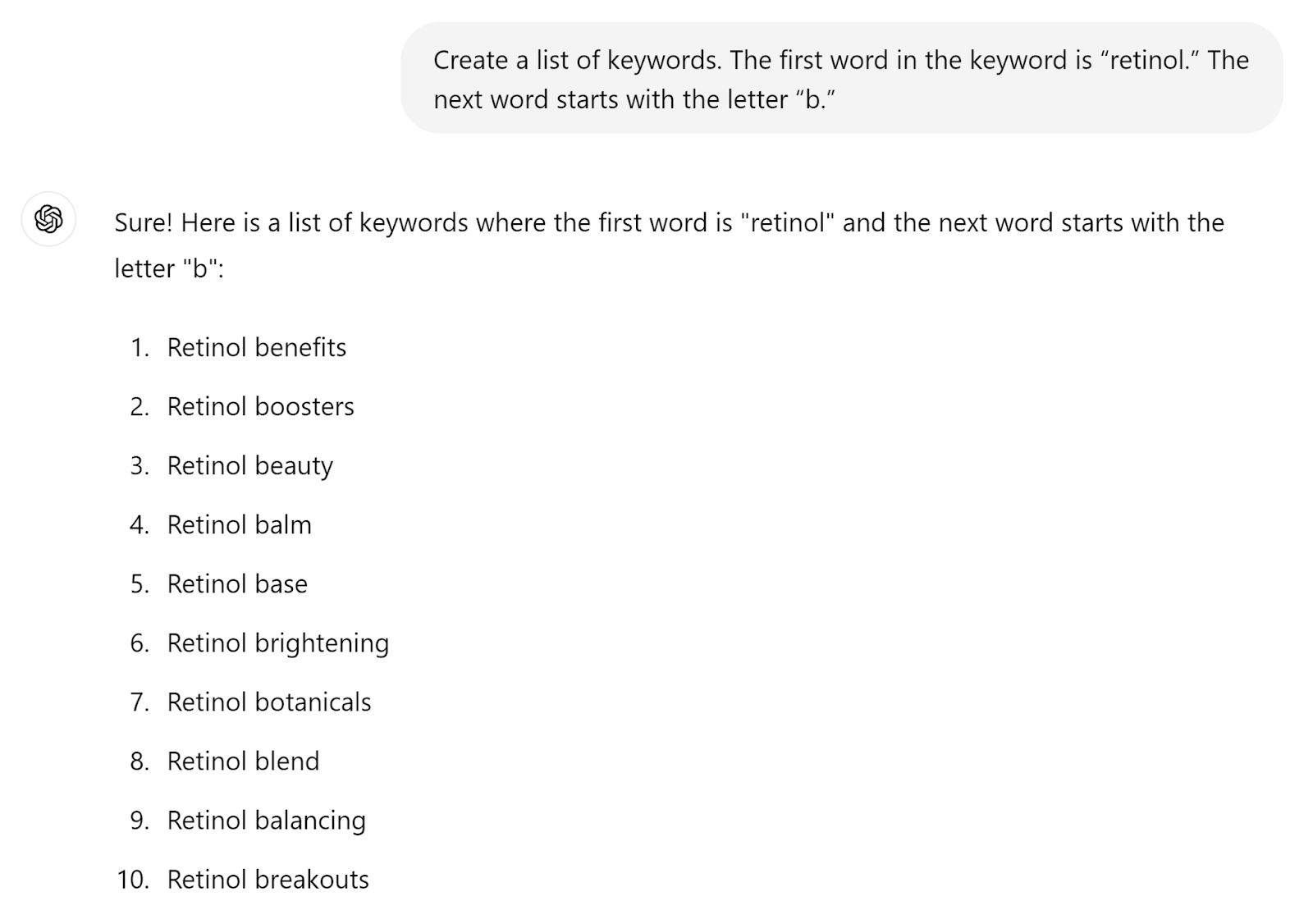 ChatGPT response to prompt asking it to suggest list of keywords with first word 'retinol' and next word starting with 'b'