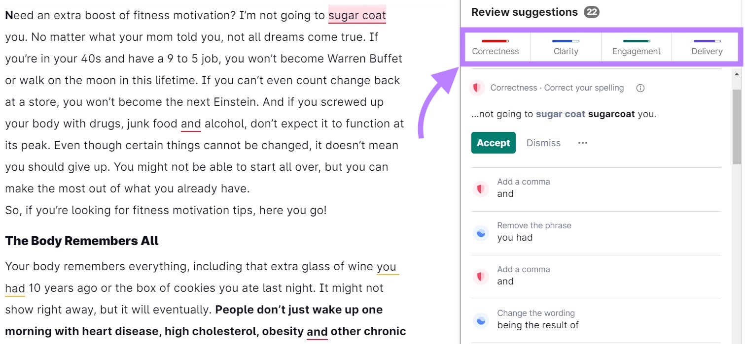 Content recommendation categories on Grammarly, including "Correctness," "Clarity," "Engagement," and "Delivery" highlighted.