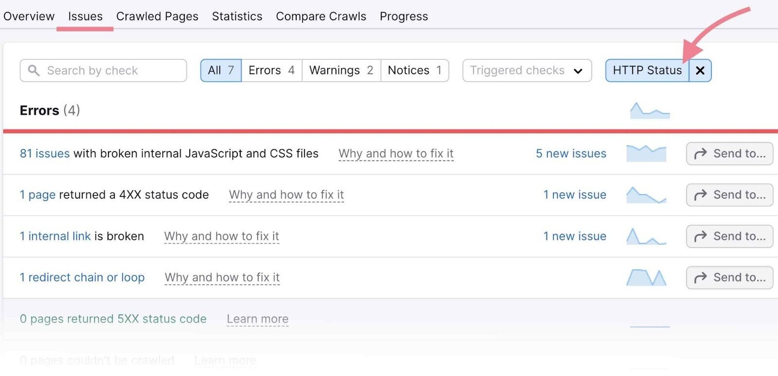 "HTTP Status" selected as the category on Site Audit Issues showing a list of related issues