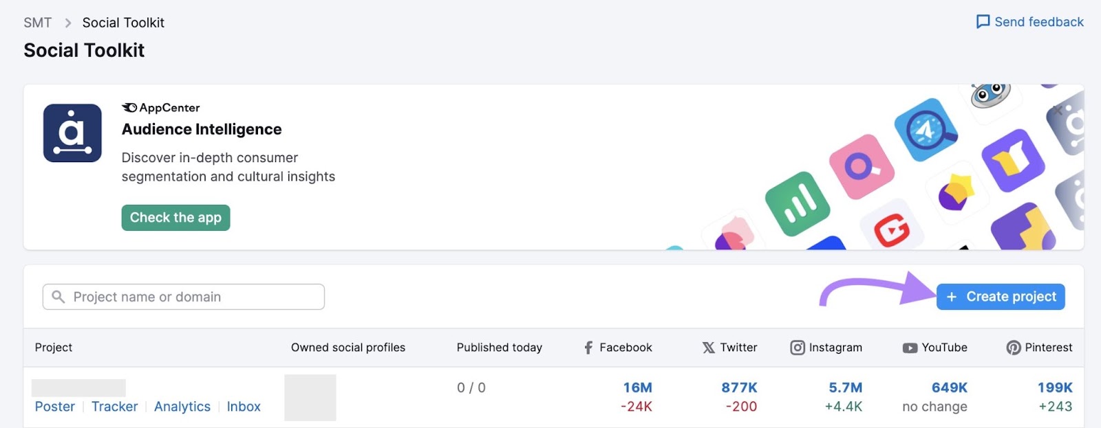 “Social Dashboard” location  with the "+Create project" fastener  clicked.