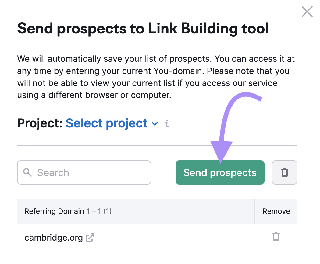 "Send prospects to Link Building Tool" pop-up window