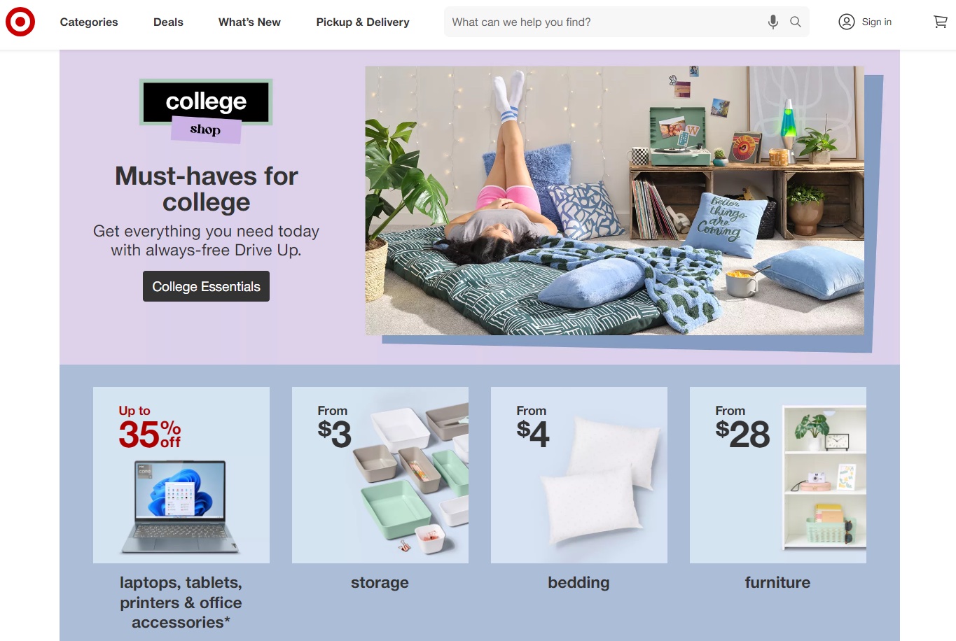 A homepage banner pointing users to "college shop" collection on an ecommerce website