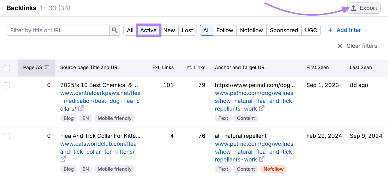 Active filter is applied to show live backlinks to your competitor's broken page.