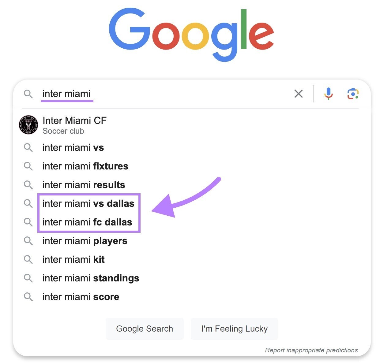 Google’s suggestions when typing "Inter Miami” in the search bar