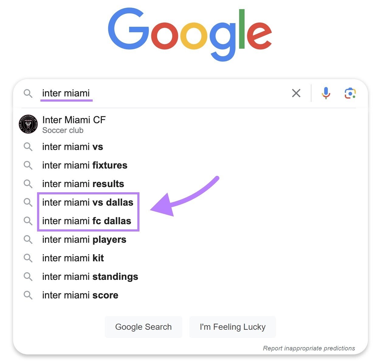 Sugerencias de Google al escribir "Inter Miami" en la barra de búsqueda