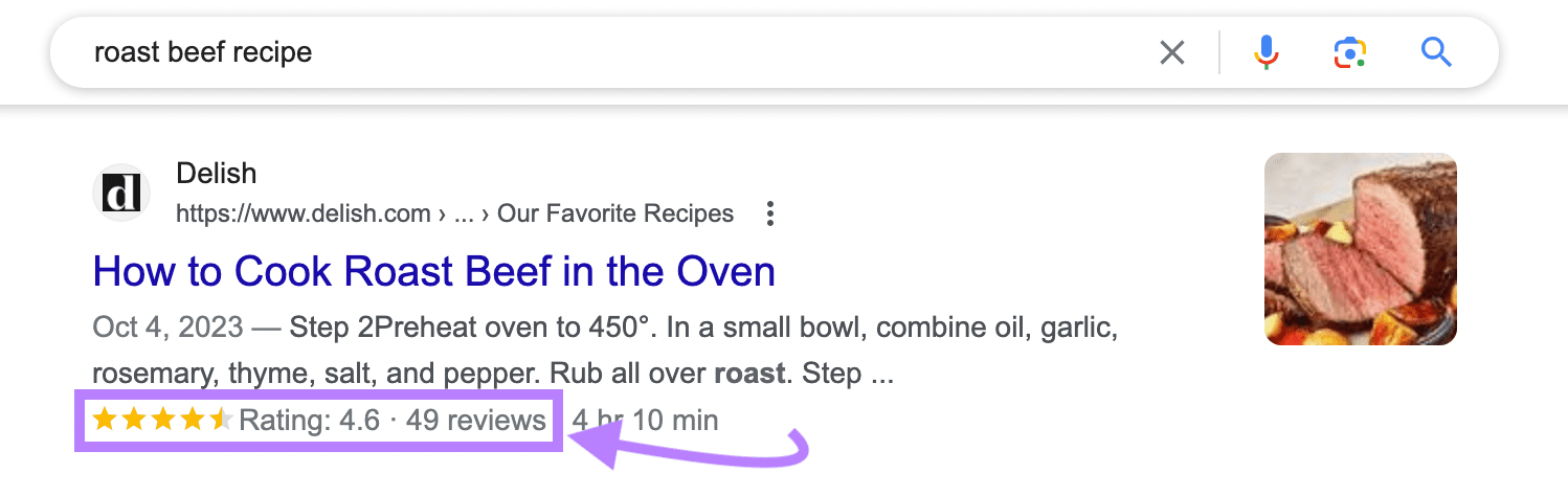 Star rating highlighted under a recipe from Delish on Google SERP