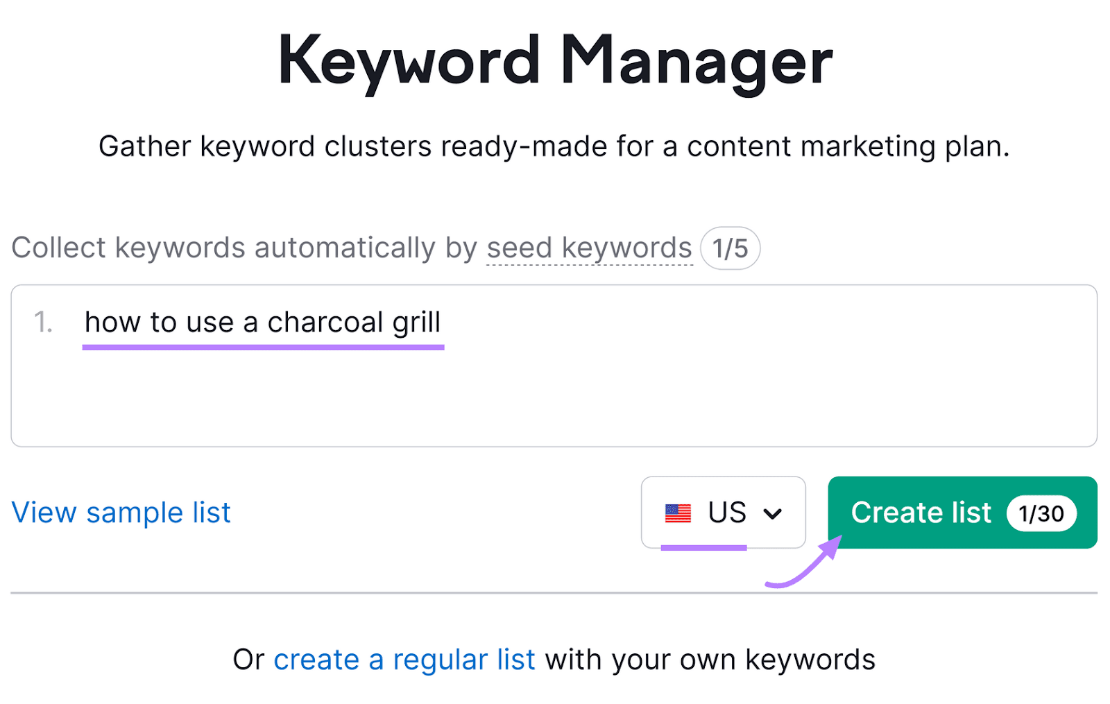 Keyword Manager tool with "how to use a charcoal grill" in the entry field and a button for list creation.