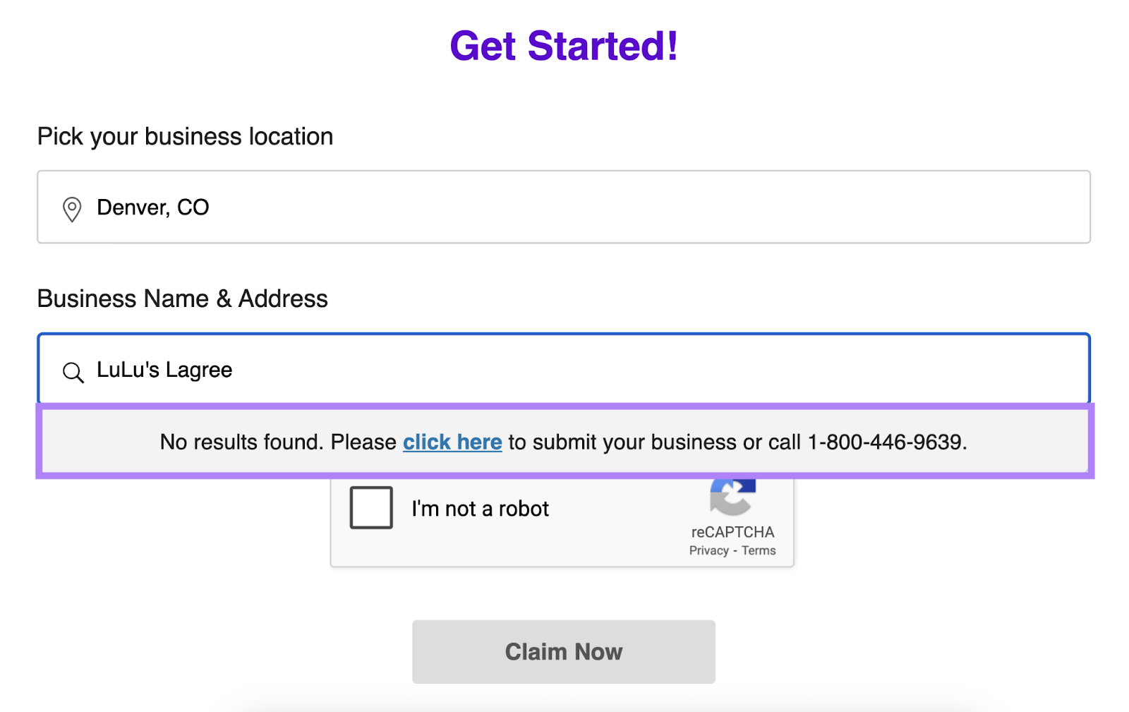 Business location and name are selected, but no results are found. A blue hyperlink appears for next steps.