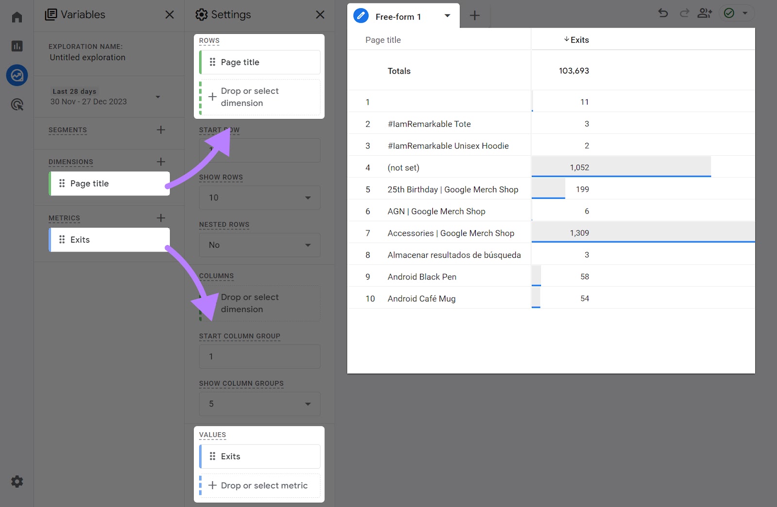 Adding “Page title” into the “ROWS” country  and “Exits” metric to the “VALUES” area