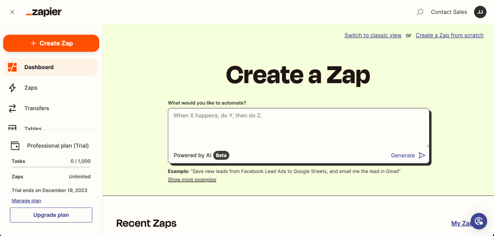 zapier "create a zap" page in dashboard