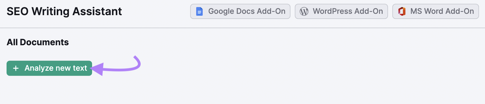Bouton «+ Analyser le nouveau texte» mis en évidence sous SEO Writing Assistant